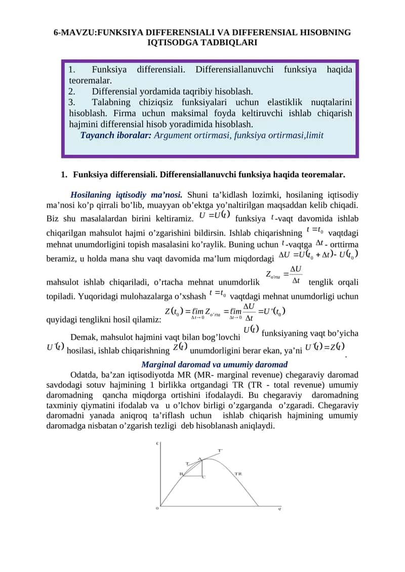 FUNKSIYA DIFFERENSIALI VA DIFFERENSIAL HISOBNING IQTISODGA TADBIQLARI