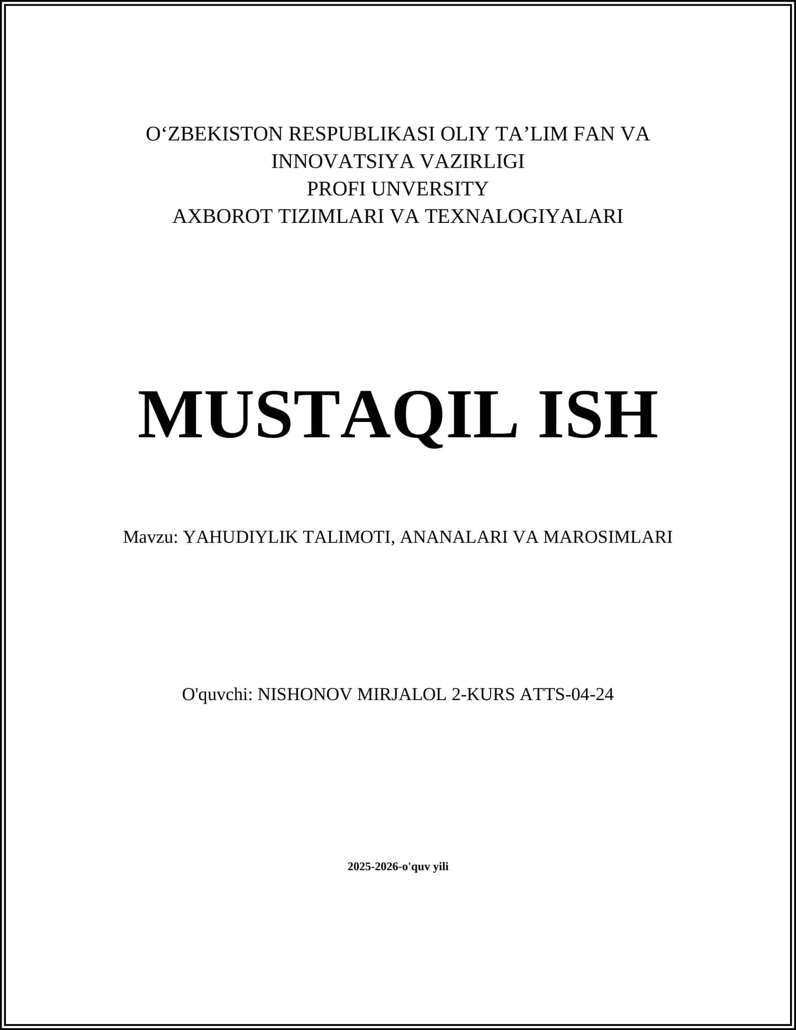 YAHUDIYLIK TALIMOTI, ANANALARI VA MAROSIMLARI