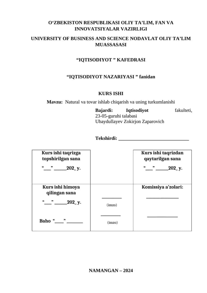 Natural va tovar ishlab chiqarish va uning turkumlanishi