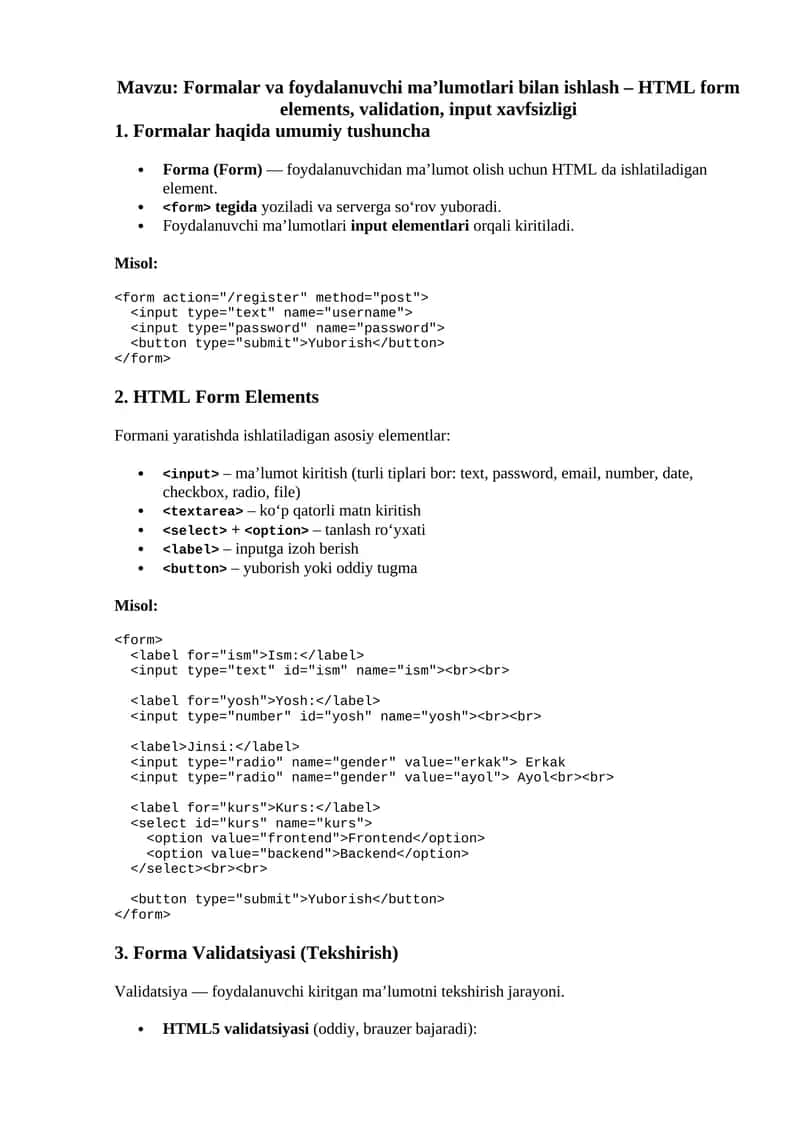 Formalar va foydalanuvchi ma’lumotlari bilan ishlash – HTML form elements, validation, input xavfsizligi