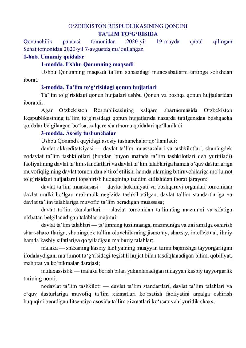 O'zbekiston Respublikasining Qonuni Ta'lim To'g'risida