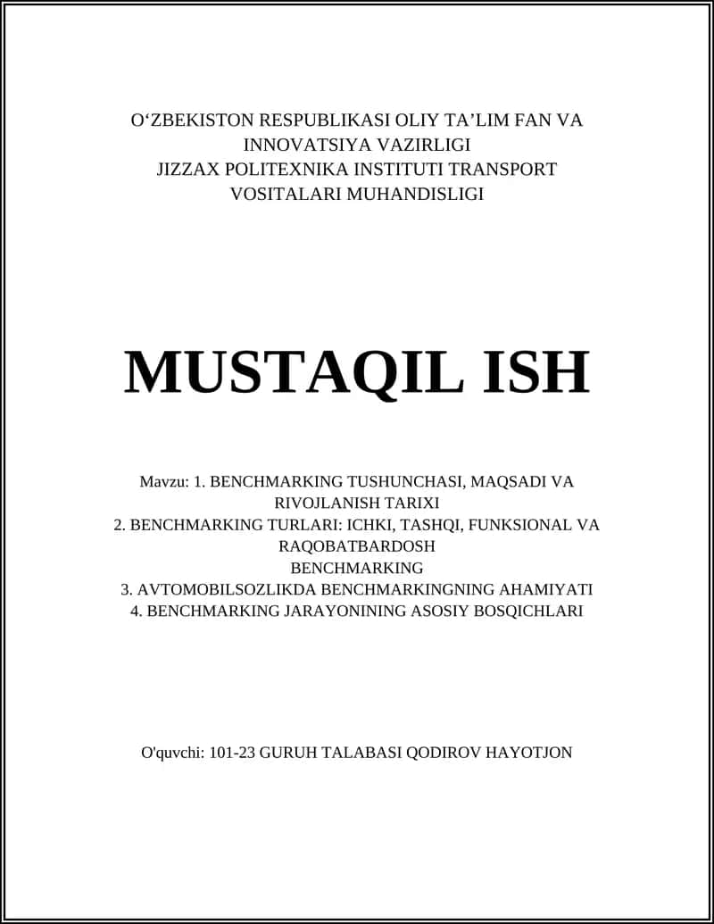 BENCHMARKING TUSHUNCHASI, MAQSADI VA RIVOJLANISH TARIXI