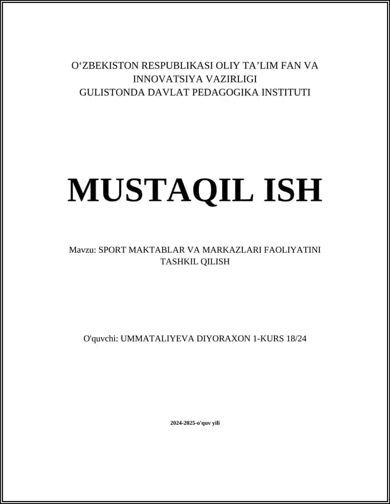 SPORT MAKTABLAR VA MARKAZLARI FAOLIYATINI TASHKIL QILISH