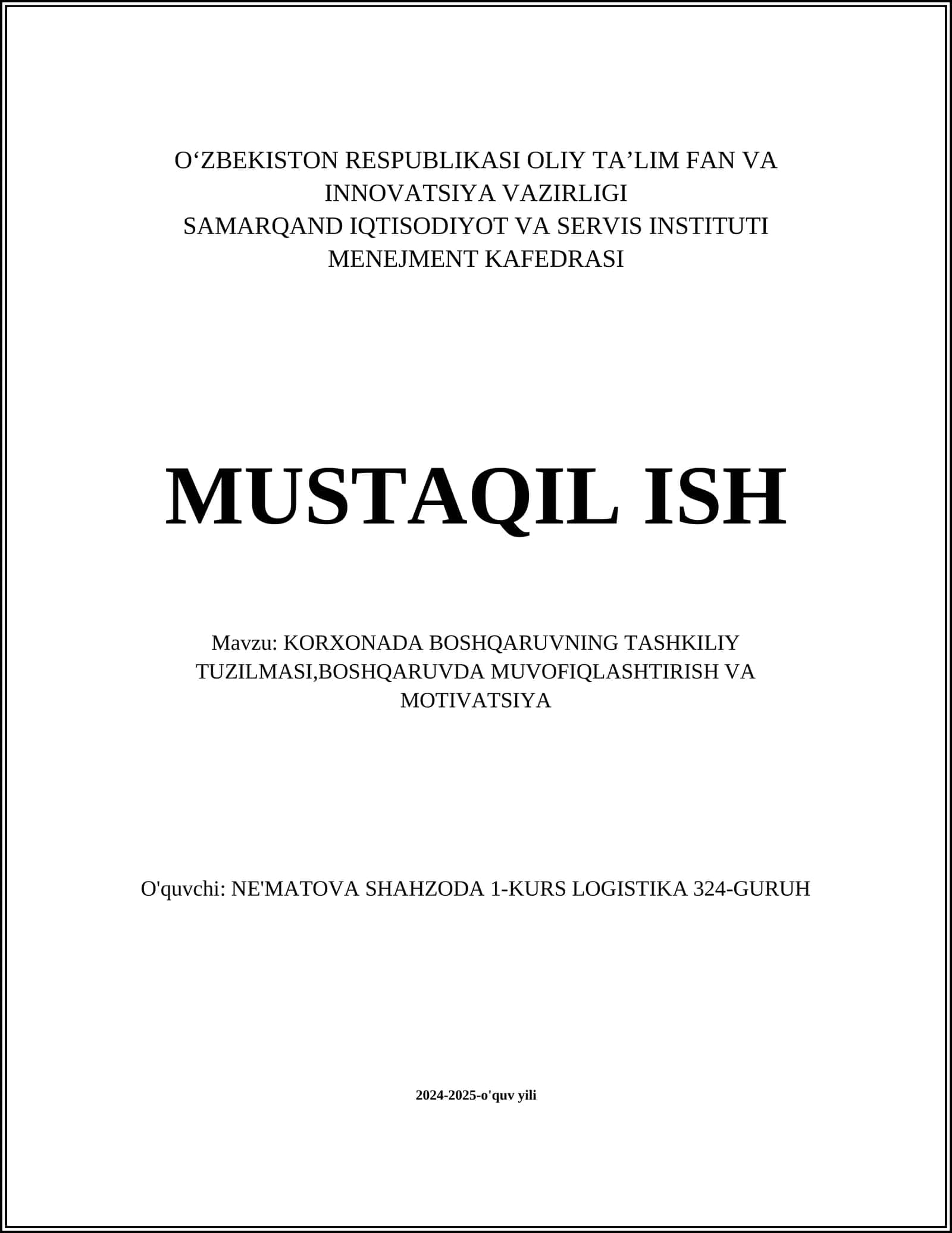 Korxonada boshqaruvning tashkiliy tuzilmasi