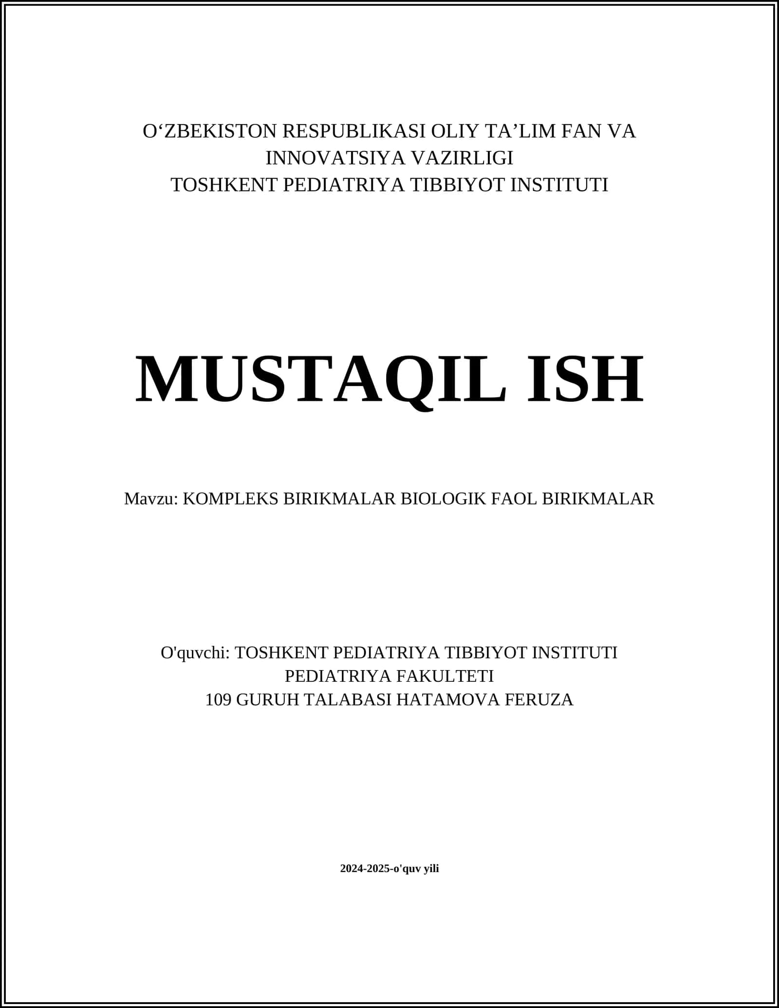 KOMPLEKS BIRIKMALAR BIOLOGIK FAOL BIRIKMALAR