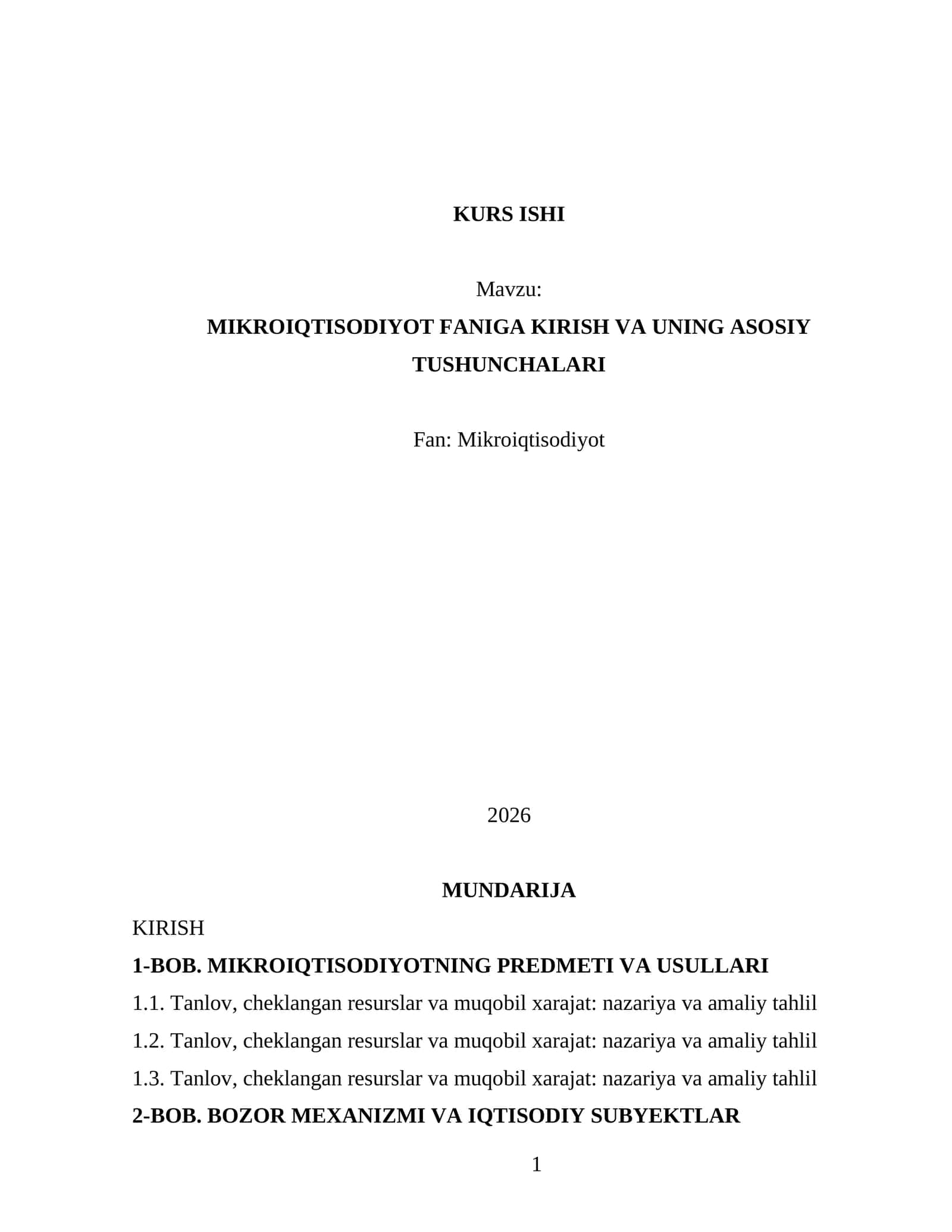 MIKROIQTISODIYOT FANIGA KIRISH VA UNING ASOSIY TUSHUNCHALARI
