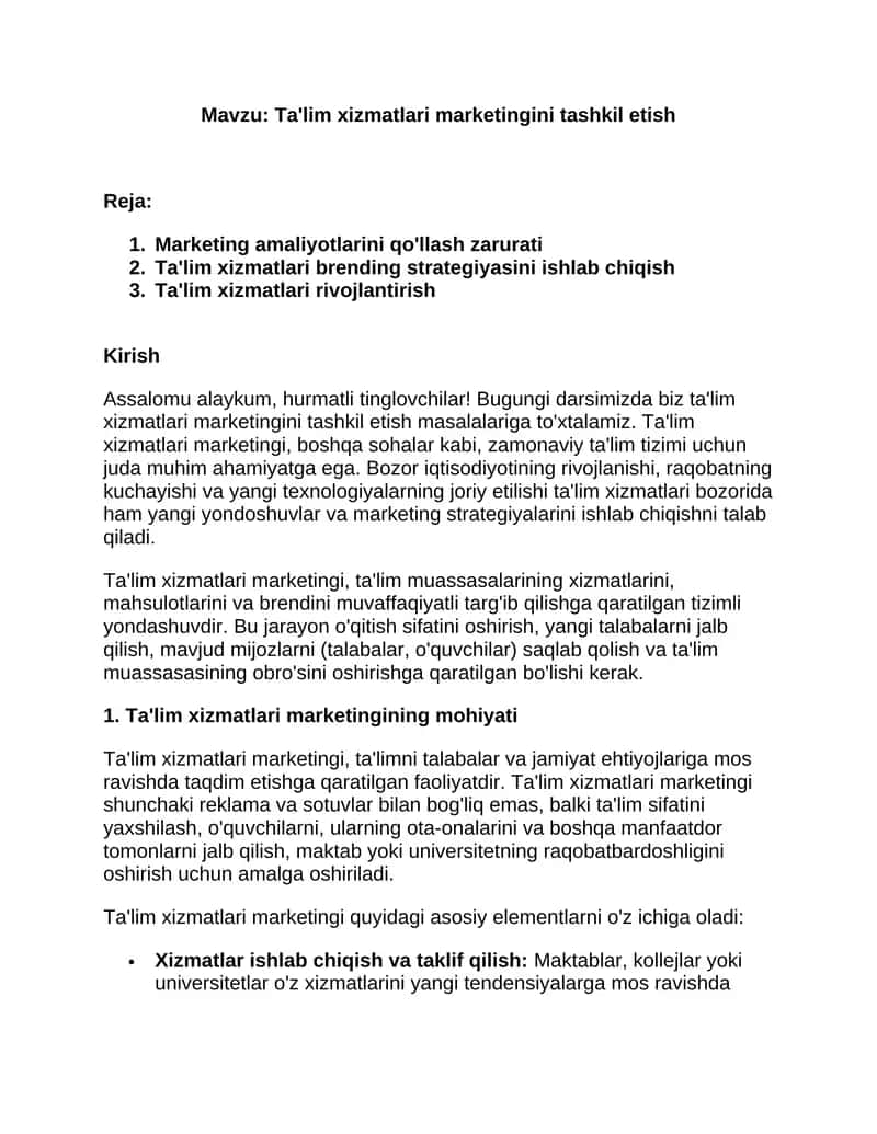 Ta'lim xizmatlari marketingini tashkil etish