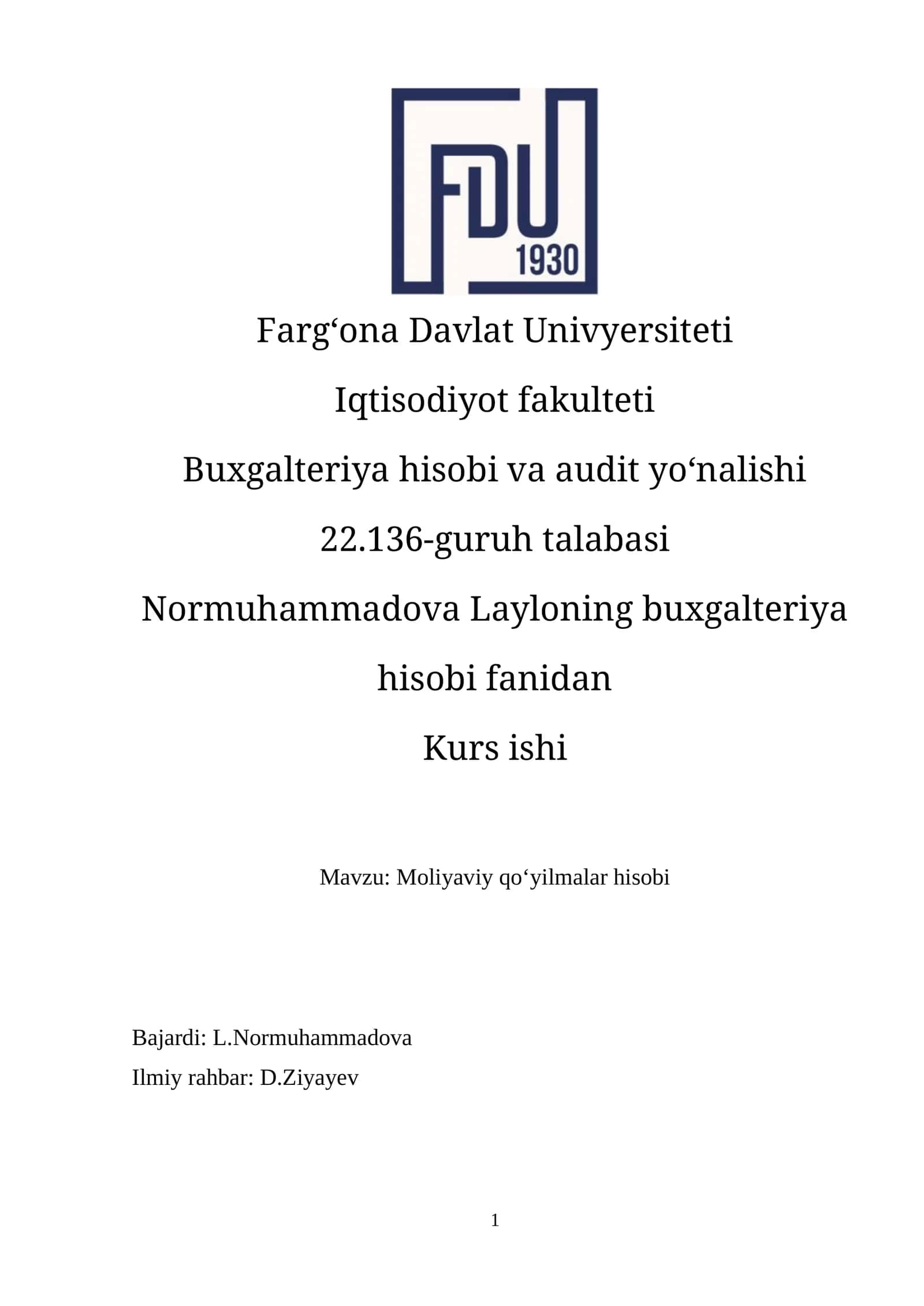 Moliyaviy qo‘yilmalar hisobi (kurs ishi)
