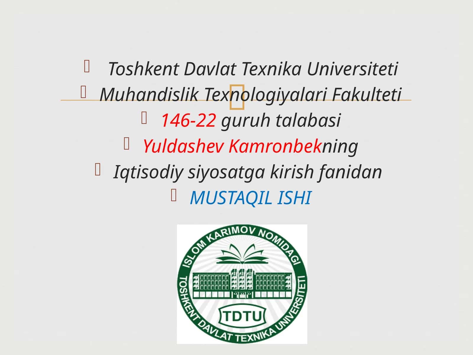 Iqtisodiysiyosatgakirishfanidan MUSTAQIL ISHI