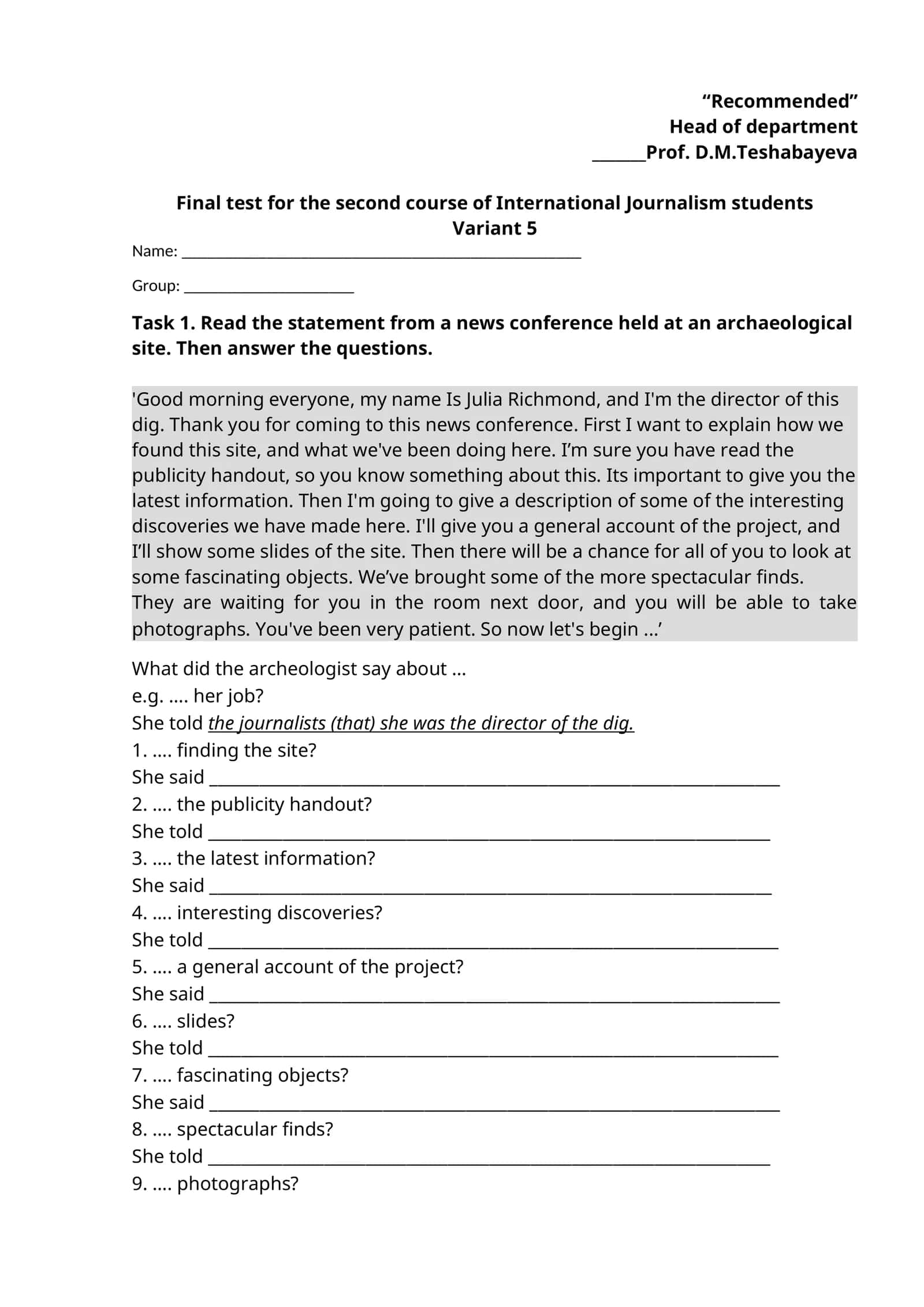 Final test for the second course of International Journalism students