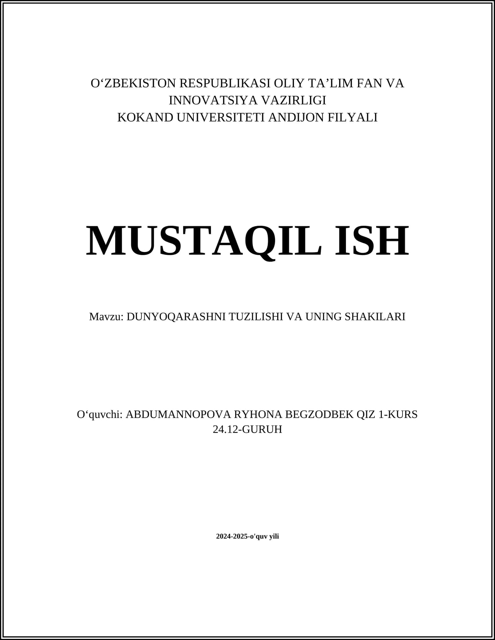 DUNYOQARASHNI TUZILISHI VA UNING SHAKILARI