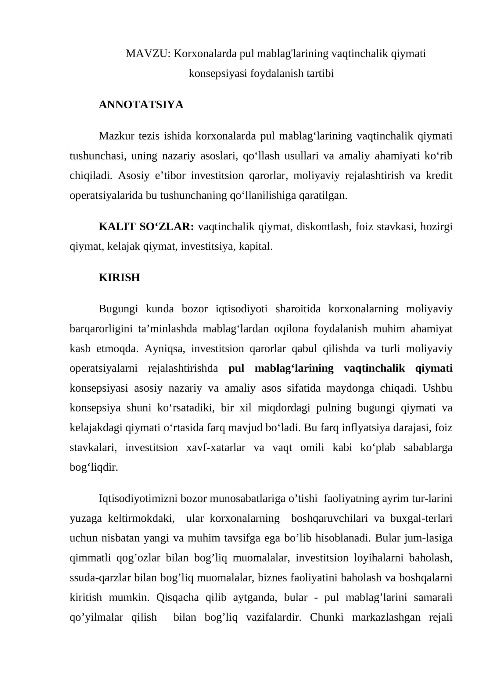 Pul mablag'larining vaqtinchalik qiymati konsepsiyasi