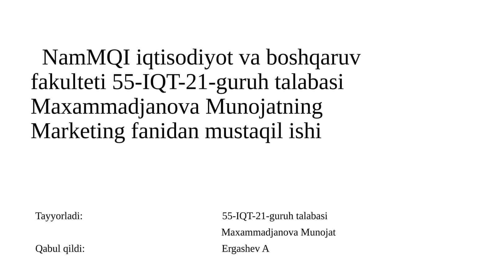 Marketing fanidan mustaqil ishi