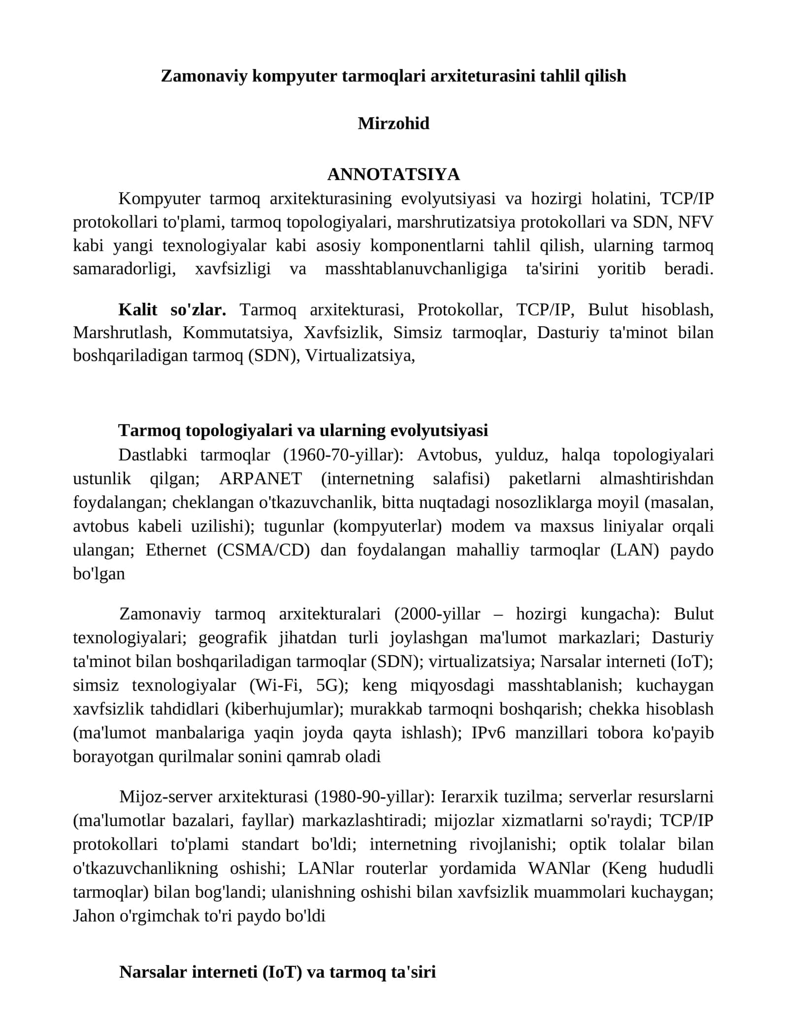 Kompyuter tarmoqlari arxiteturasini tahlil qilish