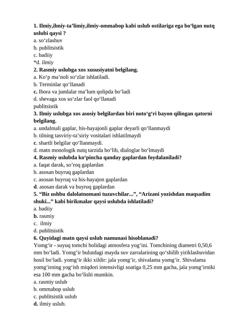 Akademik yozuv fanidan "NUTQ USLUBLARI. ANNOTATSIYA. ANNOTATSIYA TURLARI. ANNOTATSIYA UCHUN LEKSIK VA GRAMMATIK KLISHELAR" mavzusida test savollari (javoblari bilan)