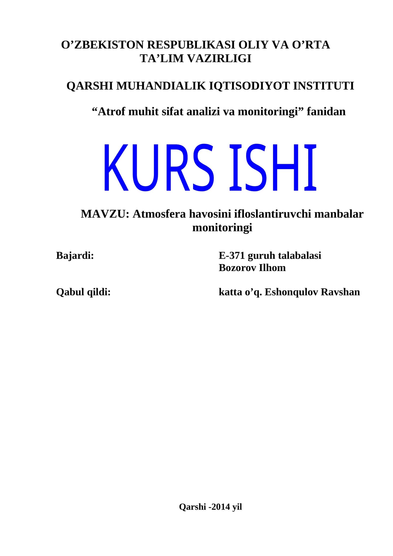 Atmosfera havosini ifloslantiruvchi manbalar monitoringi
