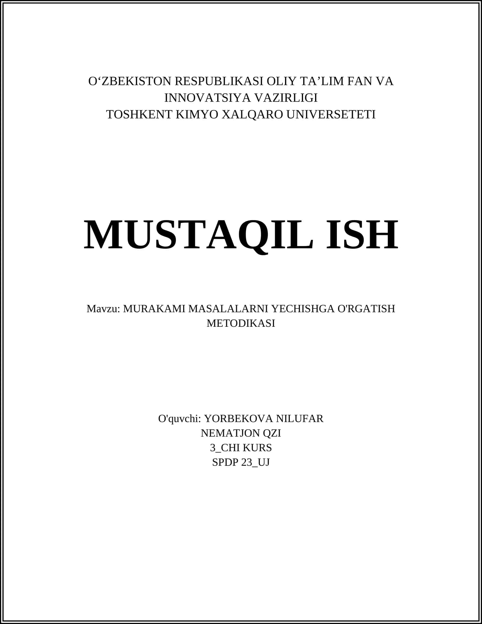 MURAKAMI MASALALARNI YECHISHGA O'RGATISH METODIKASI