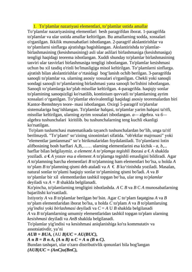 To'plamlar nazariyasi elementlari, to'plamlar ustida amallar