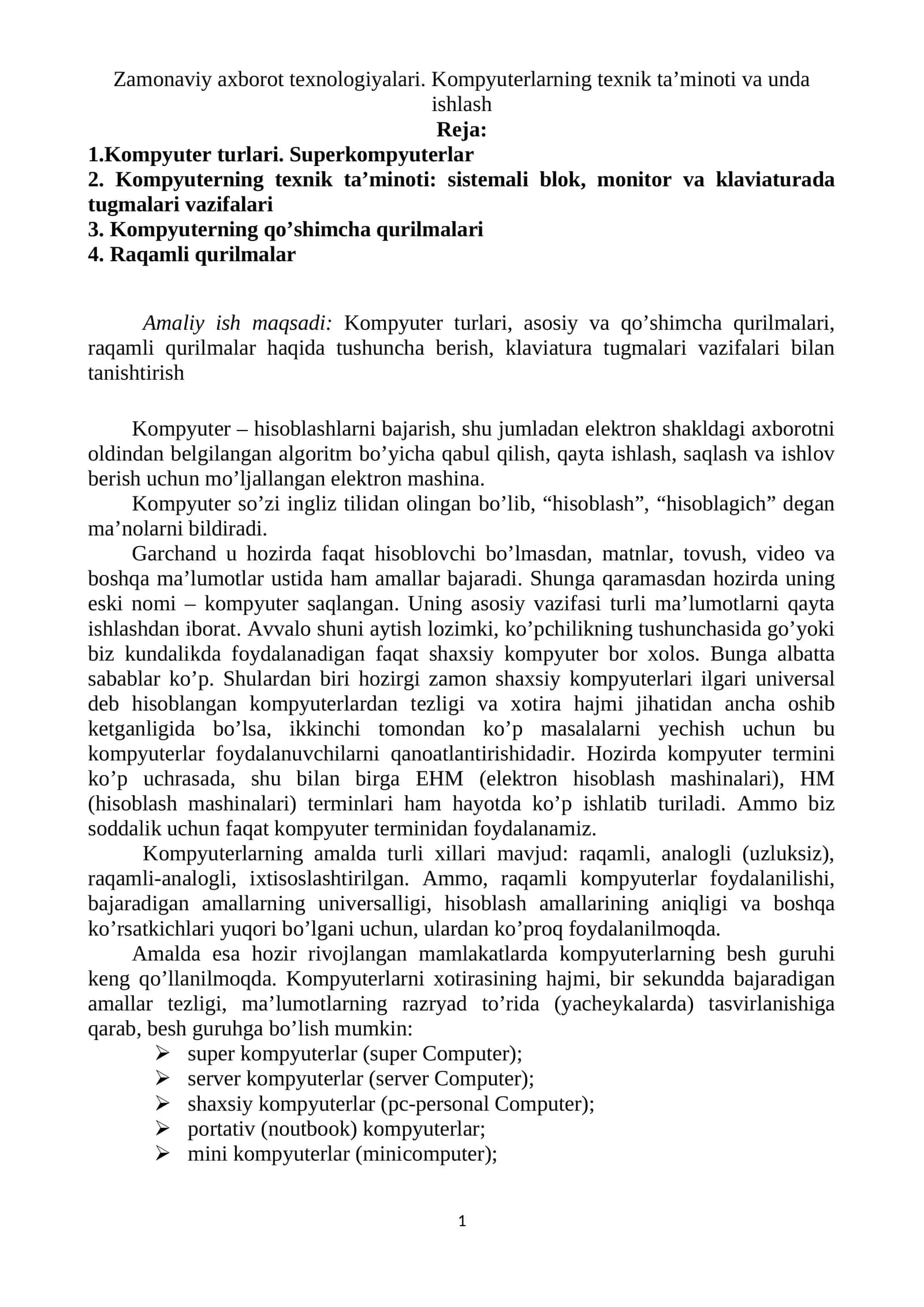 Zamonaviy axborot texnologiyalari. Kompyuterlarning texnik ta’minoti va unda ishlash