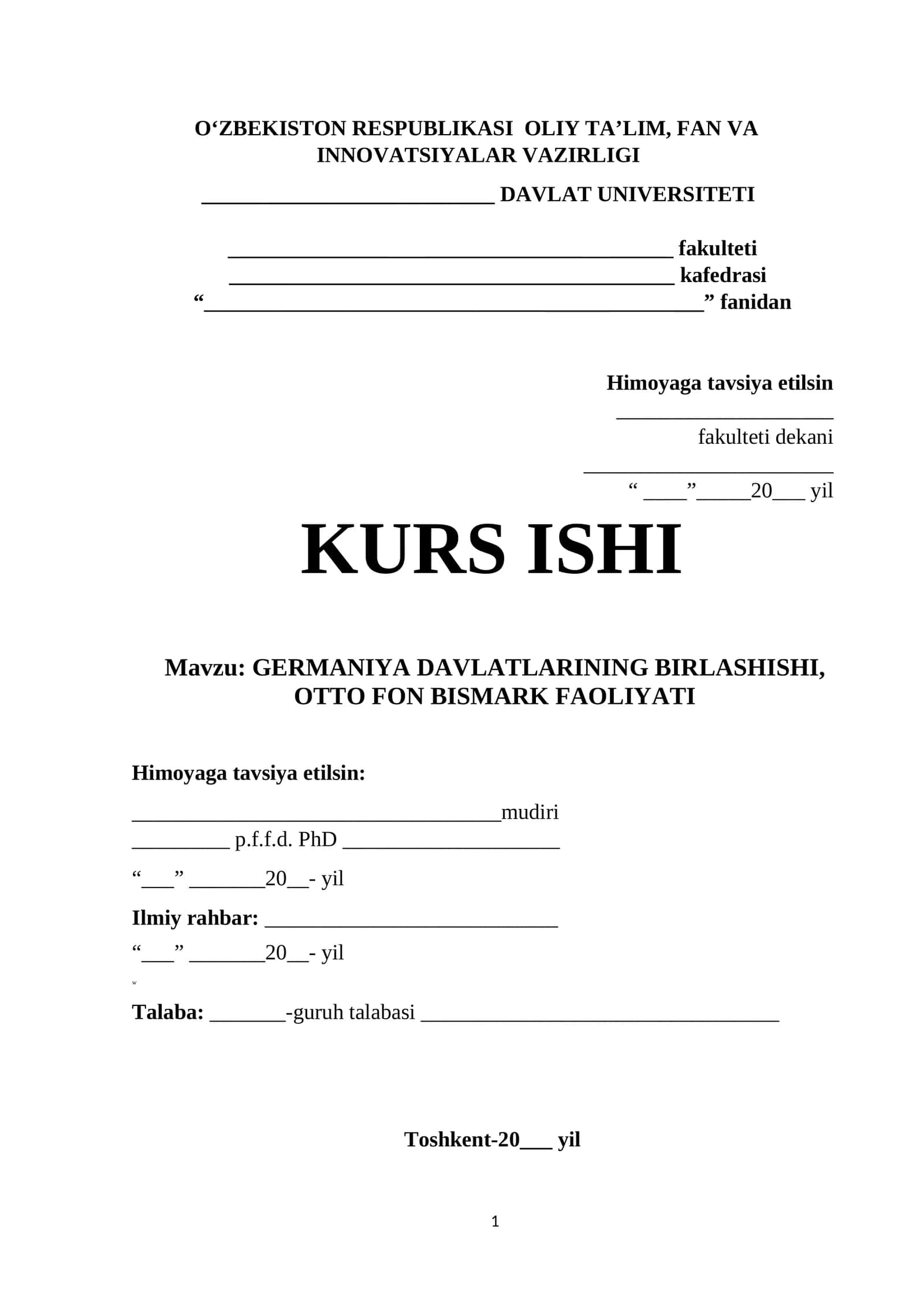GERMANIYA DAVLATLARINING BIRLASHISHI, OTTO FON BISMARK FAOLIYATI