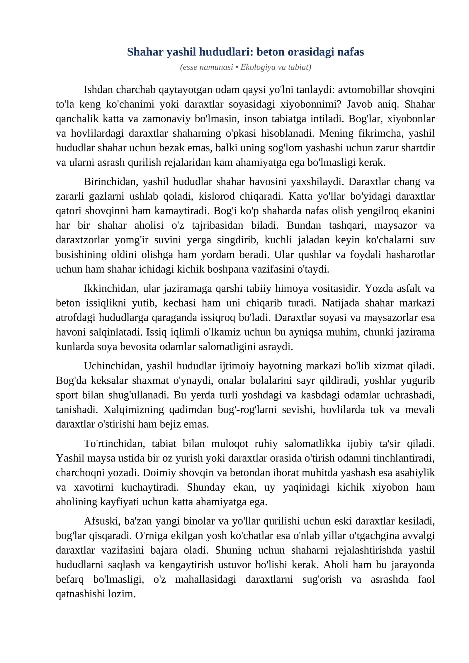 Esse Shahar yashil hududlari beton orasidagi nafas