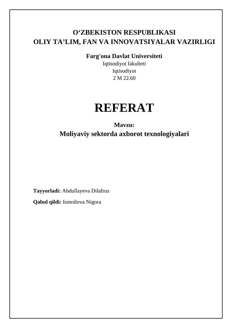 Axborot texnologiyalarining moliyaviy sohadagi evolyutsiyasi va roli