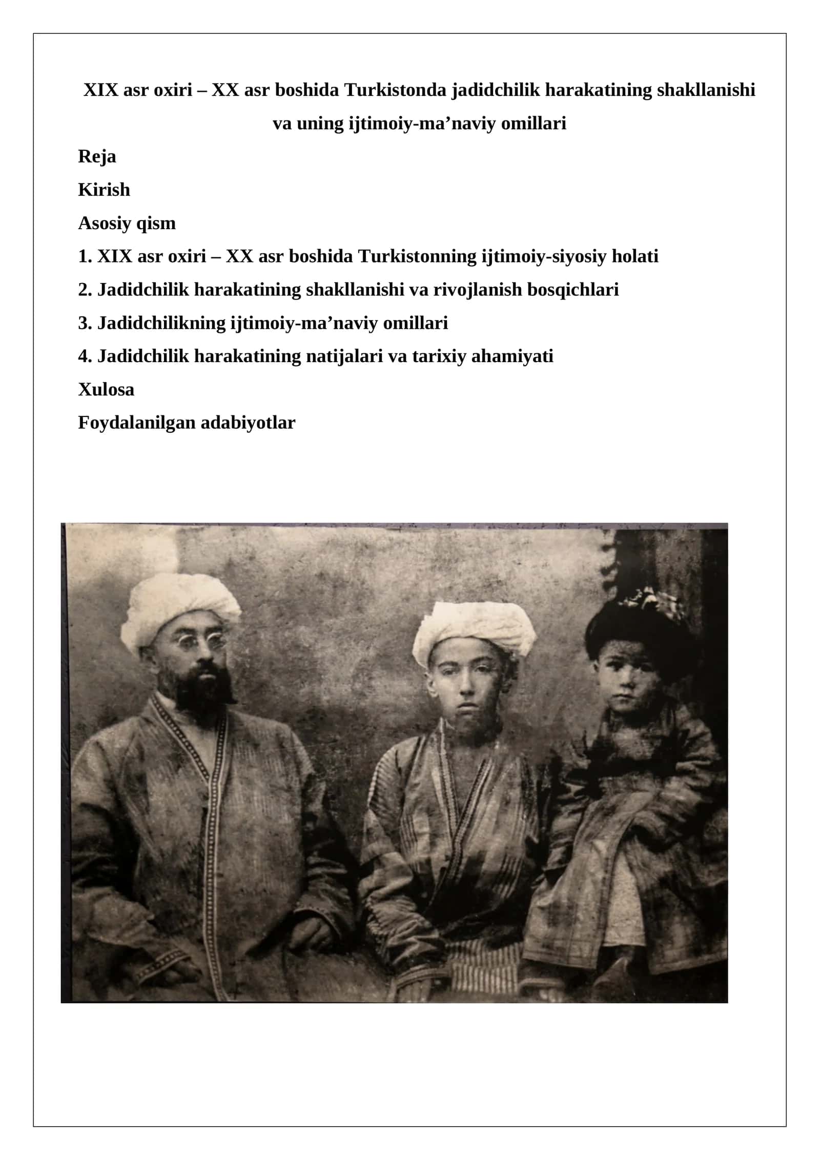 XIX asr oxiri – XX asr boshida Turkistonda jadidchilik harakatining shakllanishi