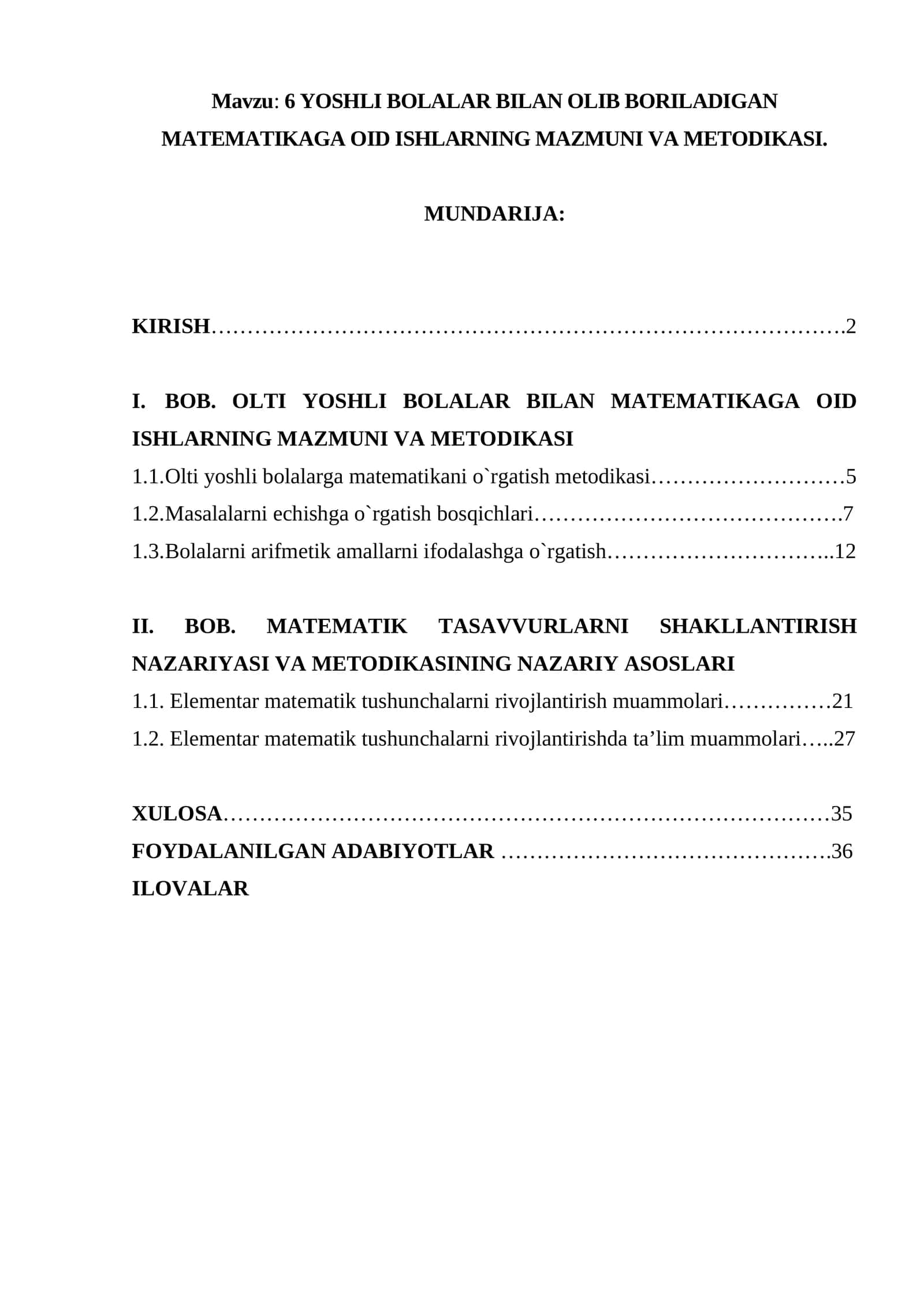 6 YOSHLI BOLALAR BILAN OLIB BORILADIGAN MATEMATIKAGA OID ISHLARNING MAZMUNI VA METODIKASI