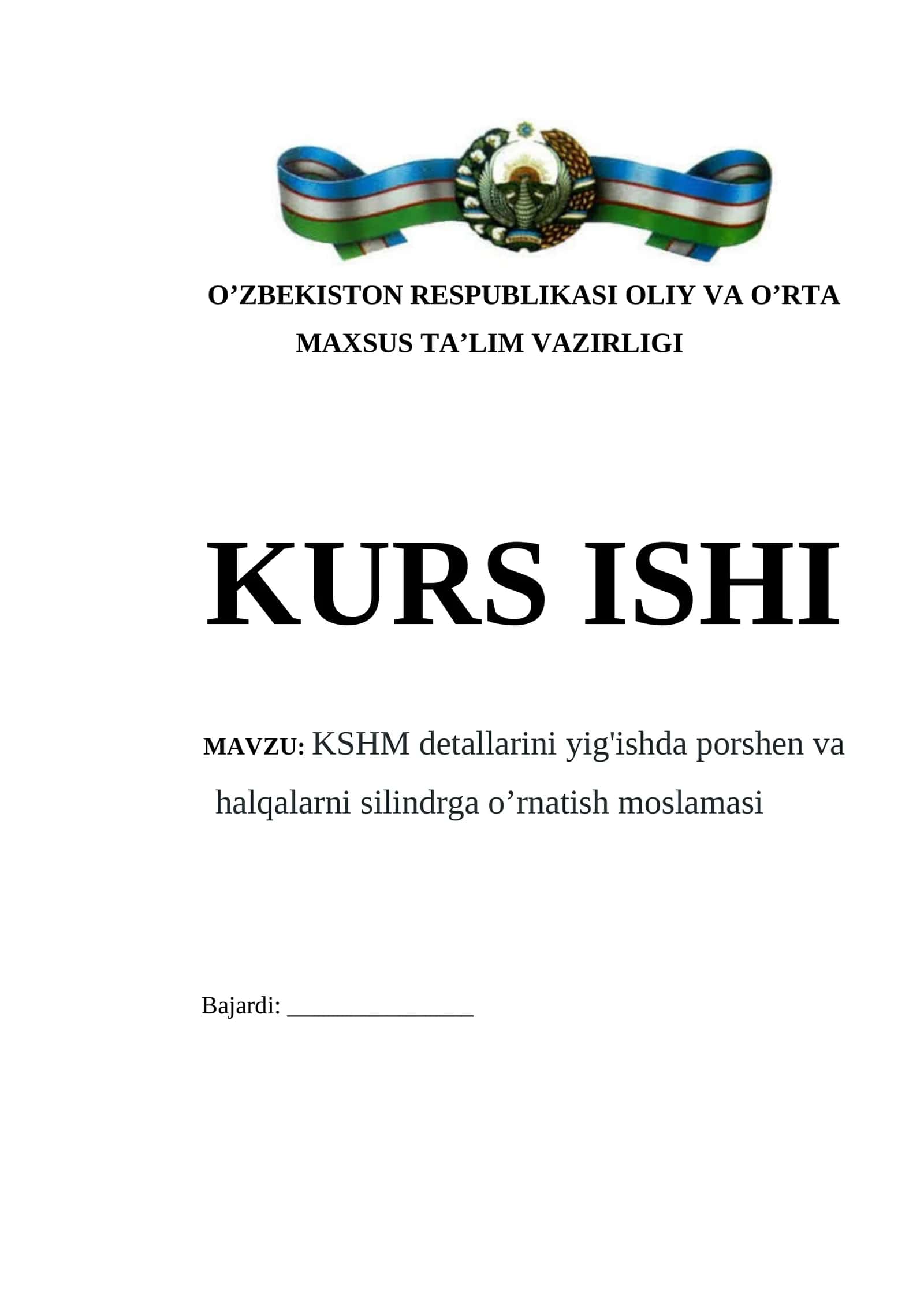 KSHM detallarini yig'ishda porshen va halqalarni silindrga o’rnatish moslamasi
