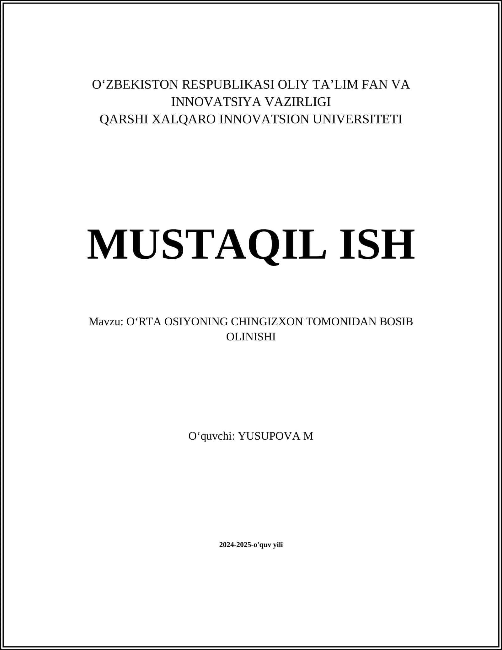 OʻRTA OSIYONING CHINGIZXON TOMONIDAN BOSIB OLINISHI