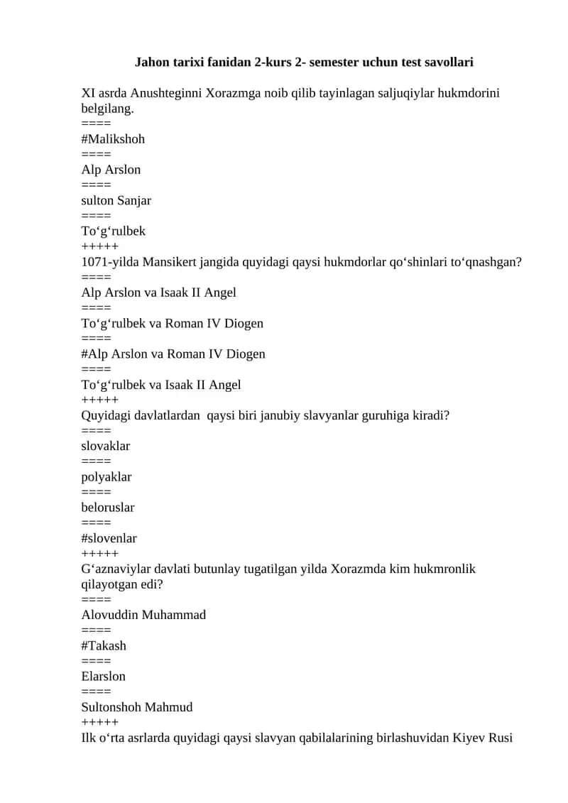 Jahon tarixi fanidan 2-kurs 2- semester uchun test savollari