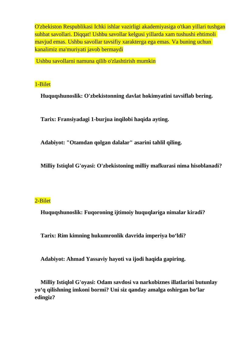 O'zbekiston Respublikasi Ichki ishlar vazirligi akademiyasiga o'tkan yillari tushgan suhbat savollari