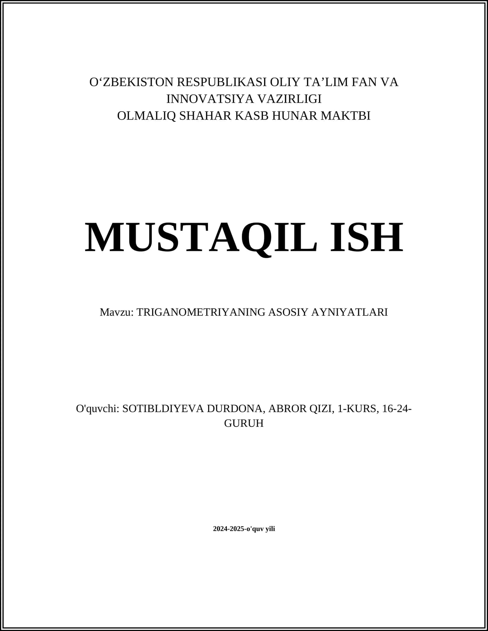 TRIGONOMETRIYANING ASOSIY AYNIYATLARI