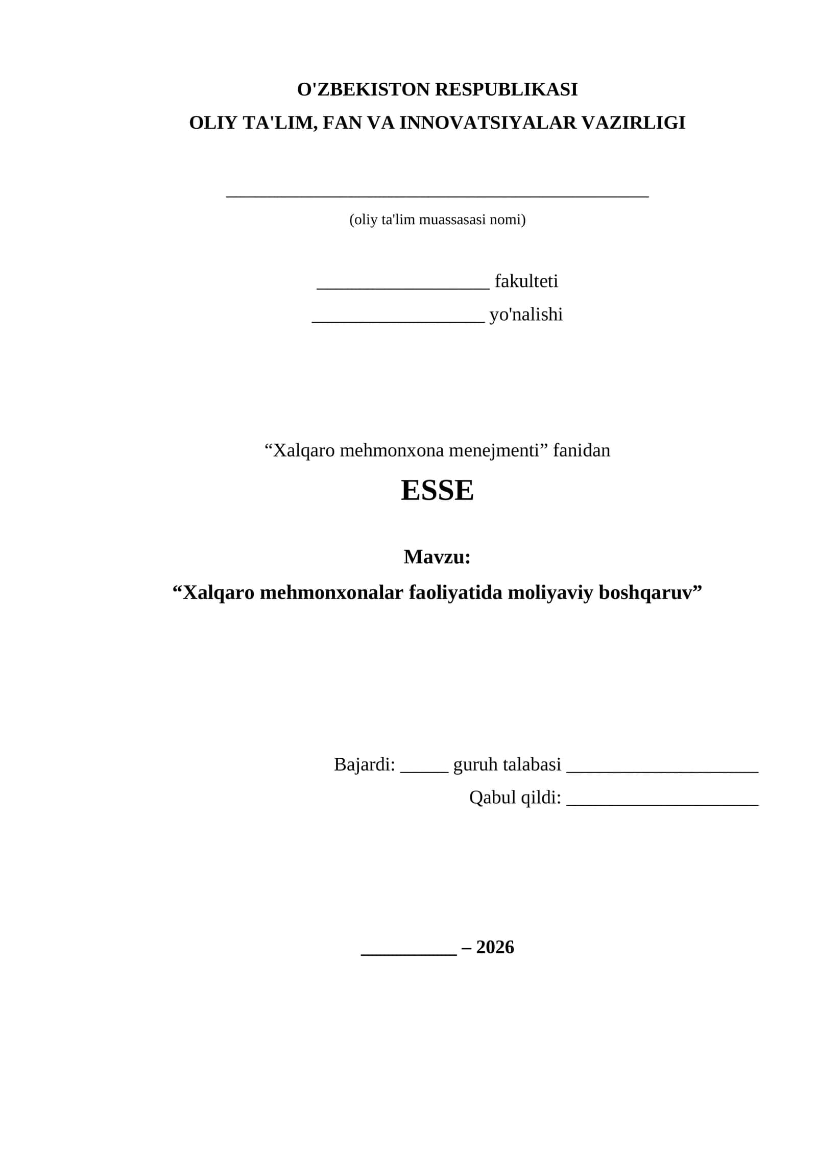 ESSE "Xalqaro mehmonxonalarda moliyaviy boshqaruv"