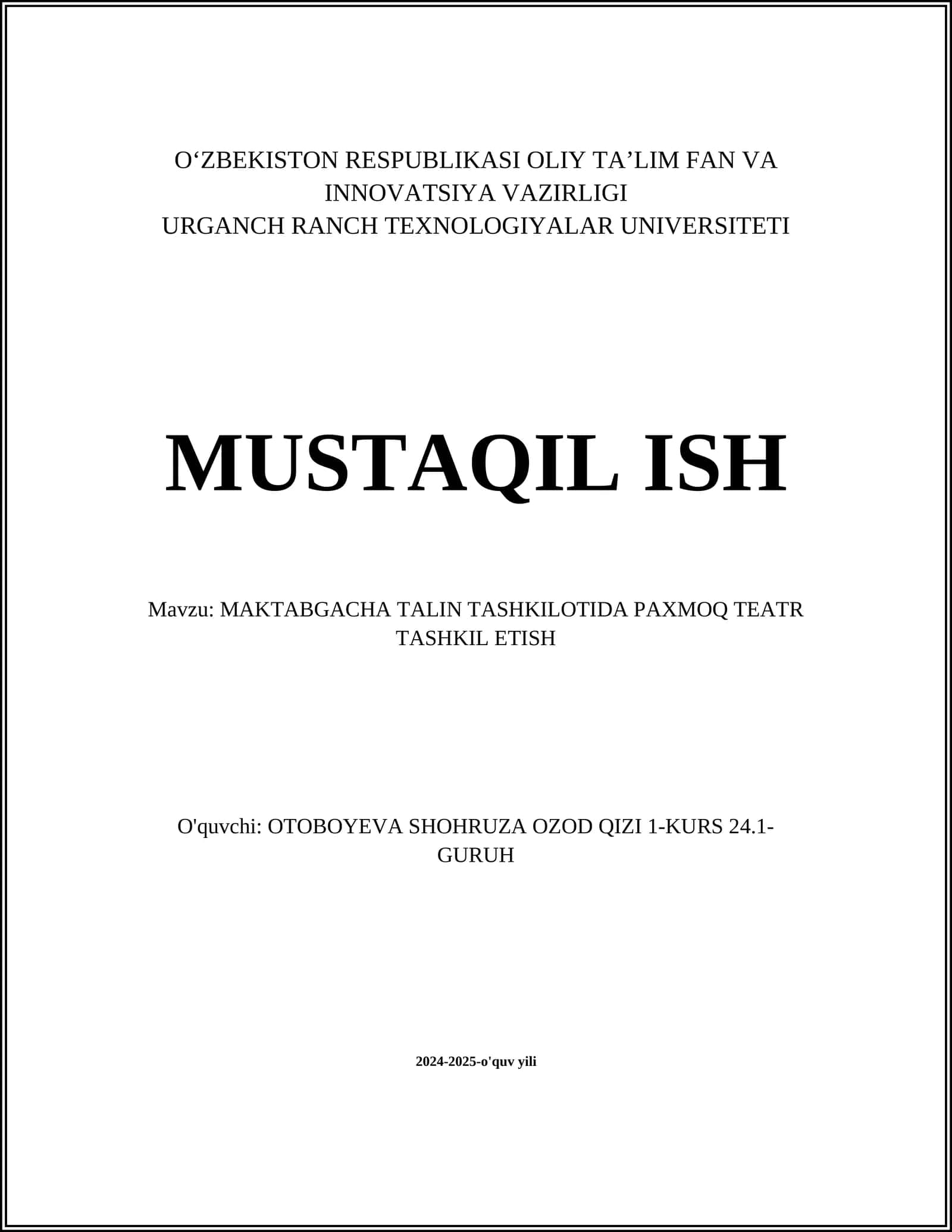 MAKTABGACHA TALIN TASHKILOTIDA PAXMOQ TEATR TASHKIL ETISH