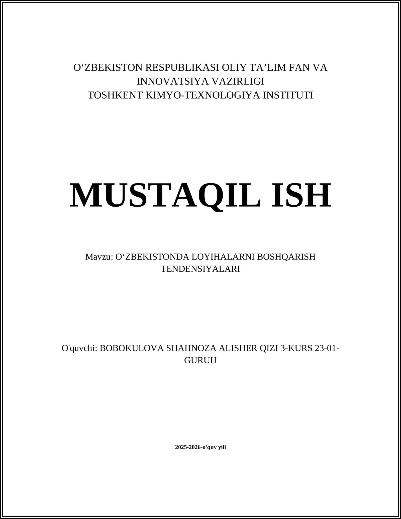 O'ZBEKISTONDA LOYIHALARNI BOSHQARISH TENDENSIYALARI