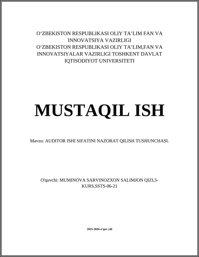 AUDITOR ISHI SIFATINI NAZORAT QILISH TUSHUNCHASI