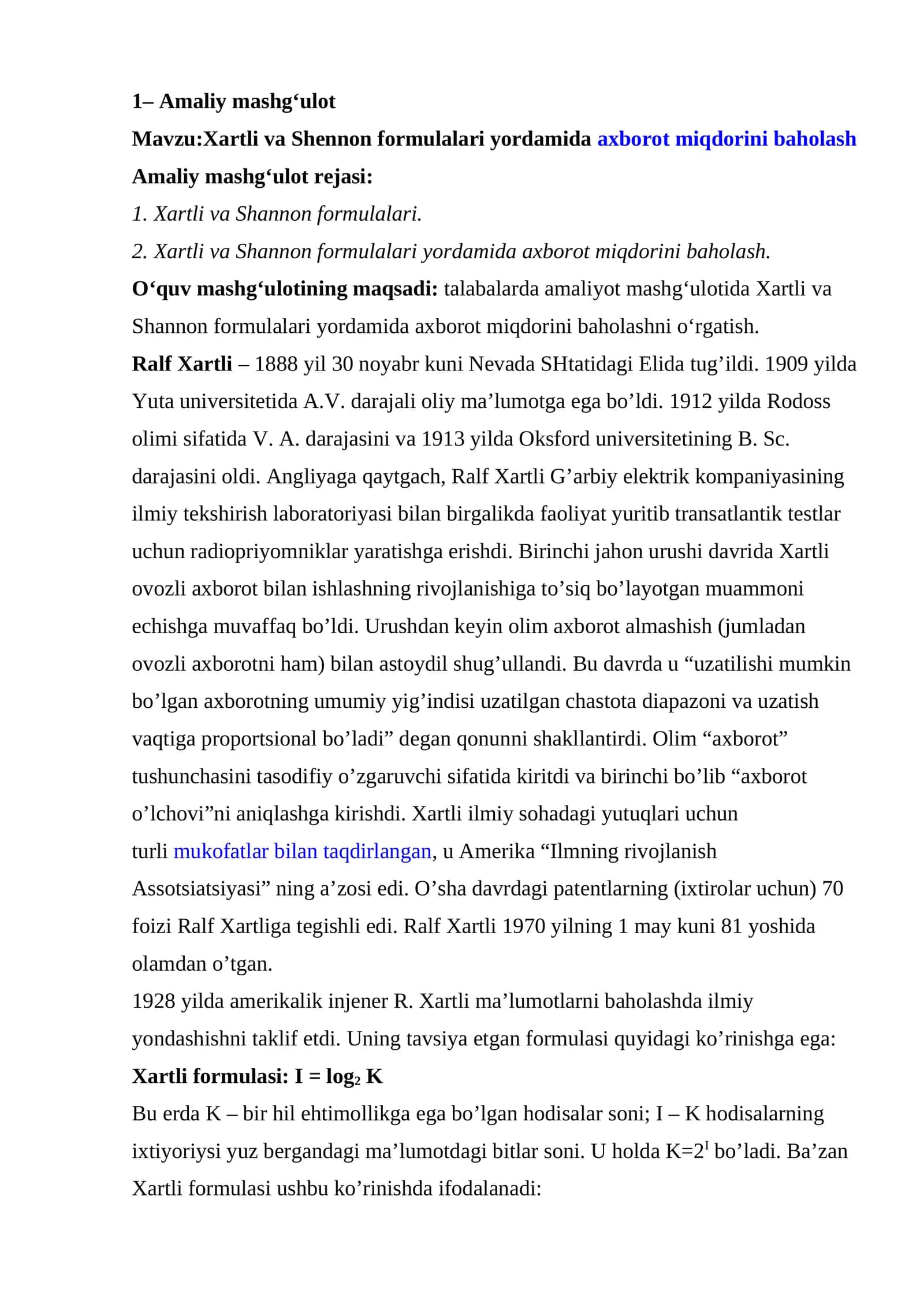 Xartli va Shennon formulalari yordamida axborot miqdorini baholash