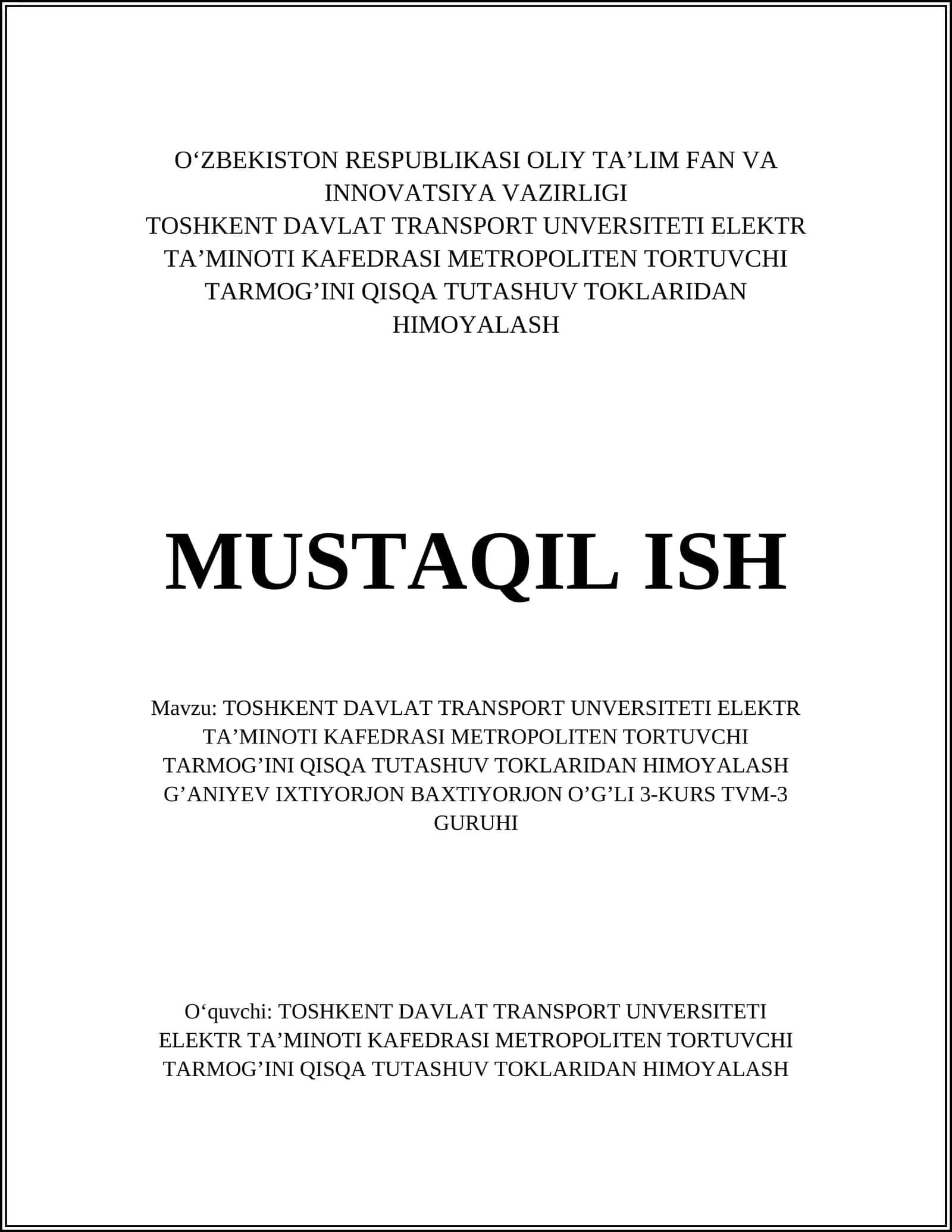 Metropoliten tortuvchi tarmog’ini qisqa tutashuv toklari