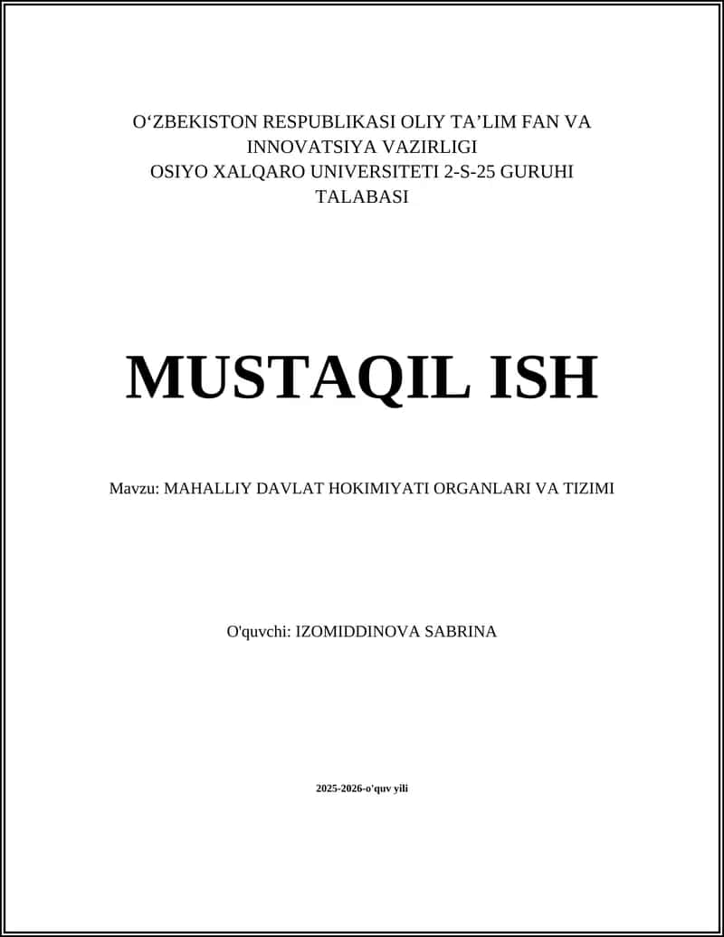 MAHALLIY DAVLAT HOKIMIYATI ORGANLARI VA TIZIMI