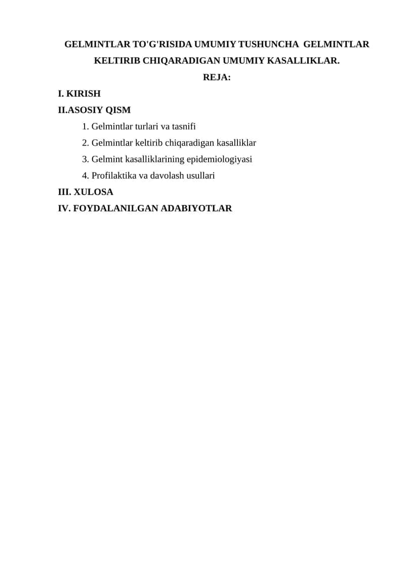 Gelmintlar to'g'risida umumiy tushuncha
