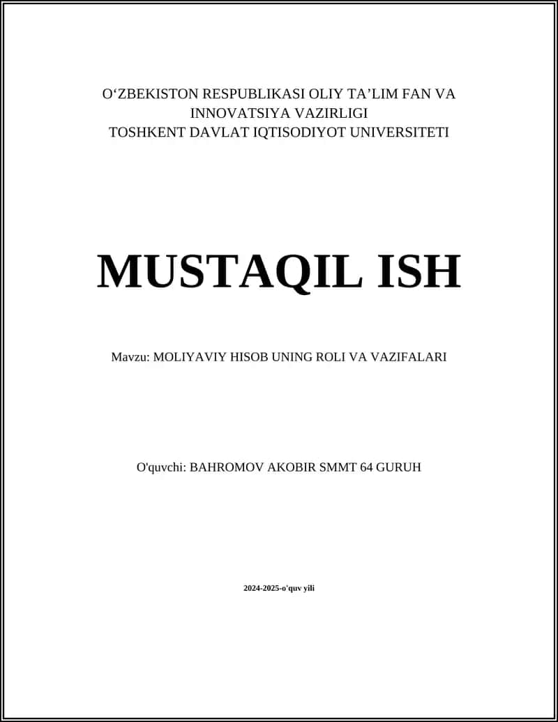 MOLIYAVIY HISOB UNING ROLI VA VAZIFALARI
