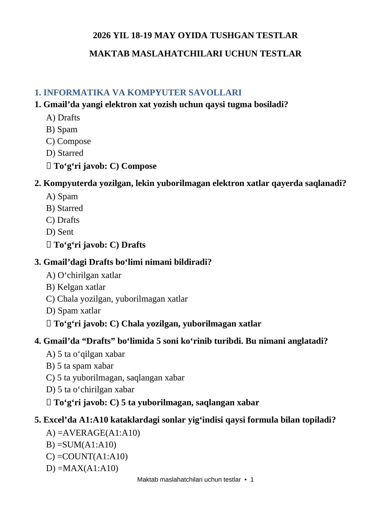 MAKTAB MASLAHATCHISI LAVOZIMI UCHUN 18-19 MAY 2026 YILDA TUSHGAN TESTLAR JAVOBLARI BILAN