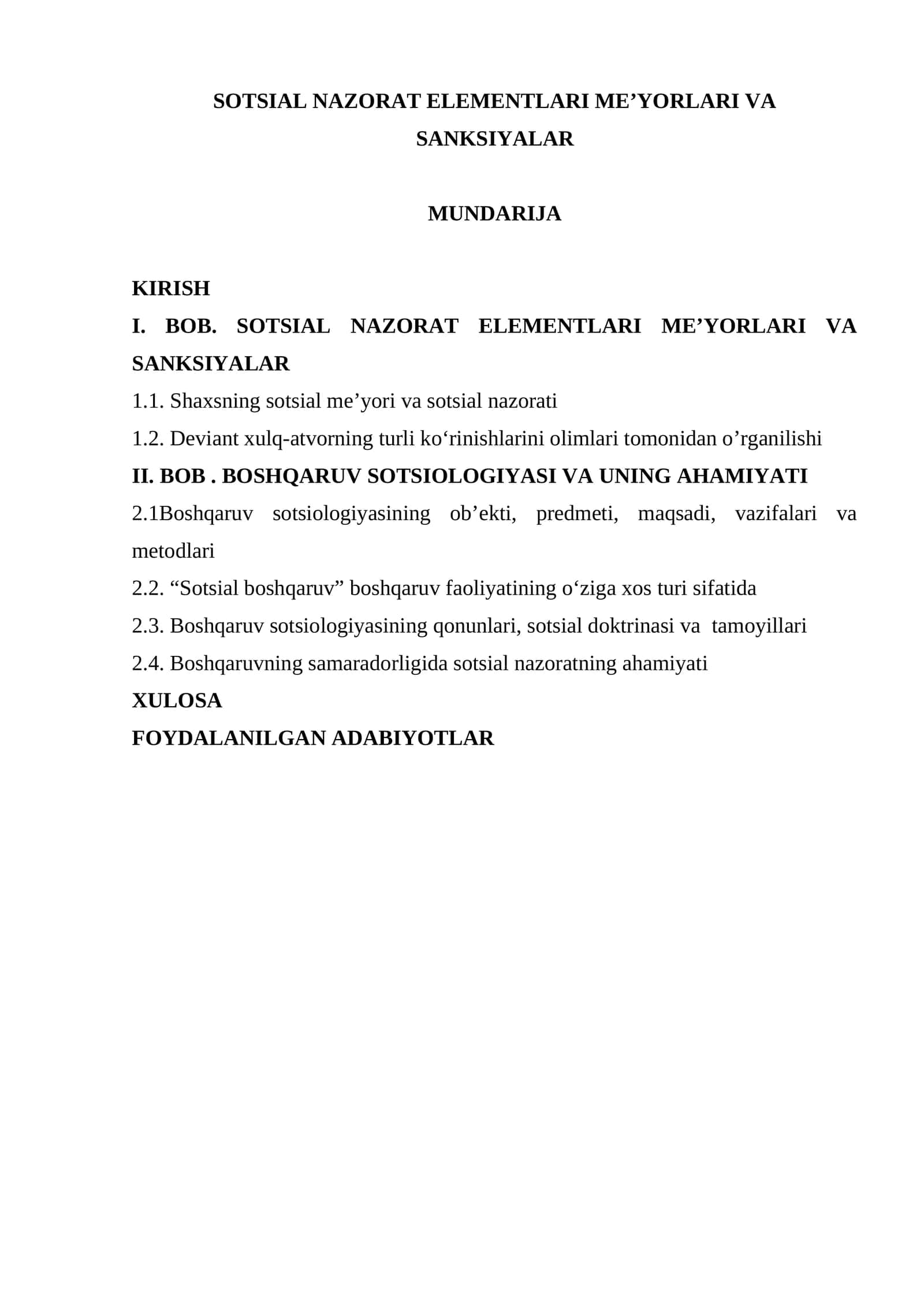 SOTSIAL NAZORAT ELEMENTLARI MEʼYORLARI VA SANKSIYALAR