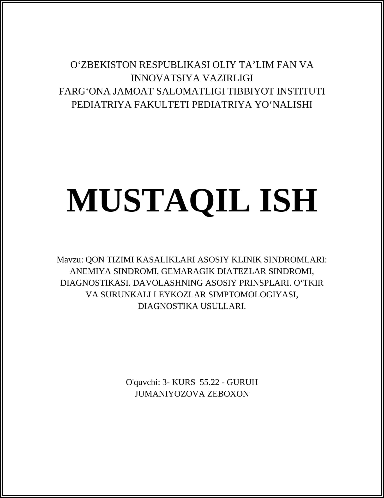 QON TIZIMI KASALIKLARI ASOSIY KLINIK SINDROMLARI