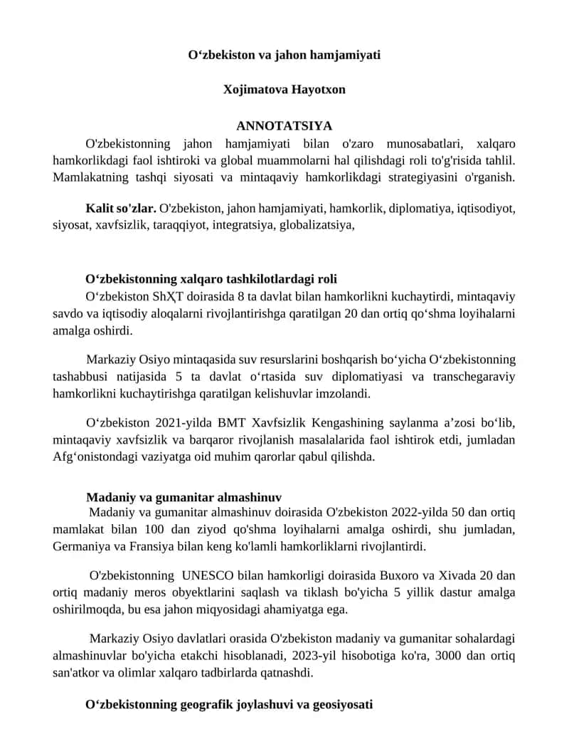 Oʻzbekiston va jahon hamjamiyati