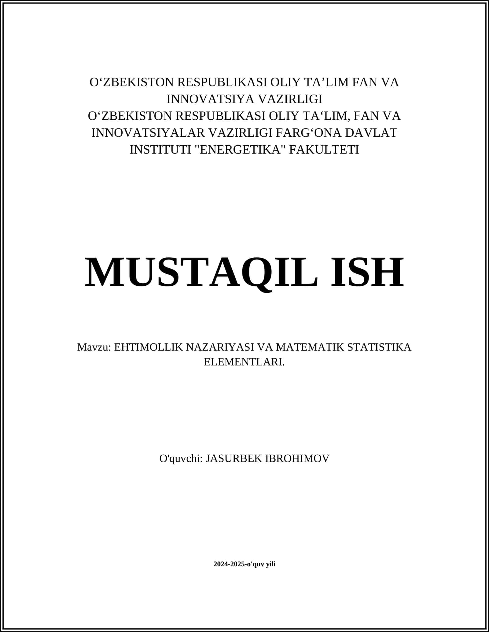 EHTIMOLLIK NAZARIYASI VA MATEMATIK STATISTIKA ELEMENTLARI