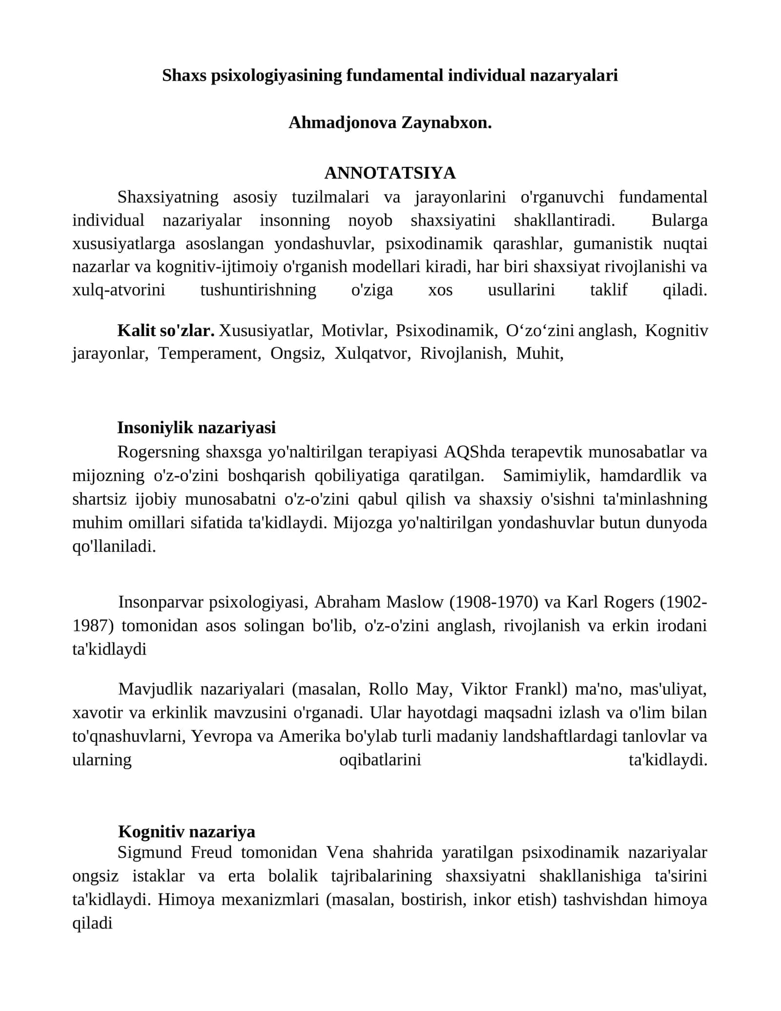 Shaxs psixologiyasining fundamental individual nazaryalari