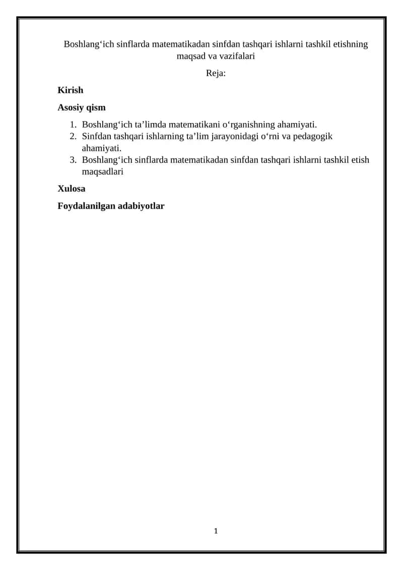 Boshlang‘ich sinflarda matematikadan sinfdan tashqari ishlarni tashkil etishning maqsad va vazifalari