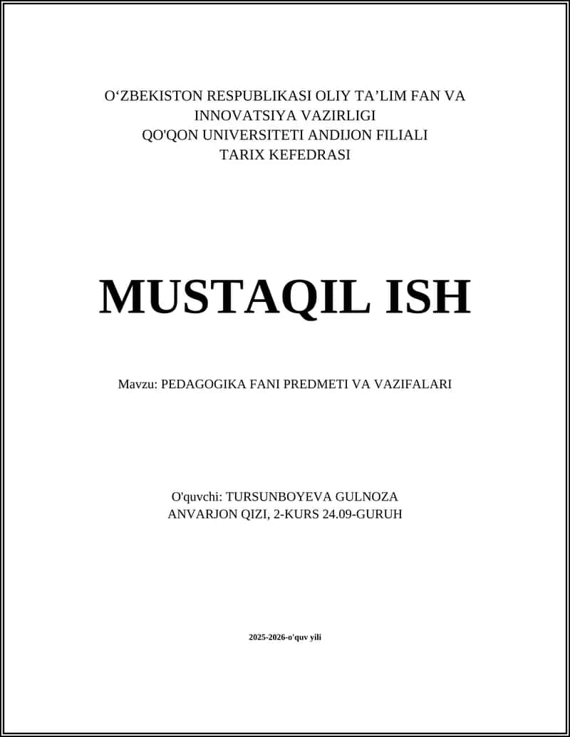 PEDAGOGIKA FANI PREDMETI VA VAZIFALARI